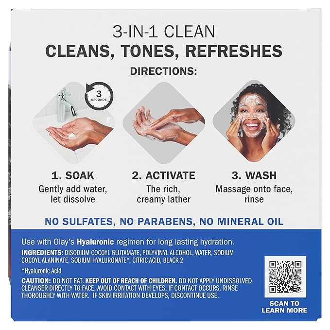 Olay Face Wash, Hyaluronic Acid Cleansing Melts, Fragrance-Free, Daily Use Gentle Cleanser, For All Skin Types, Travel Size, Water-Activated to Clean, Tone, and Refresh(32ct), (Pack of 4)