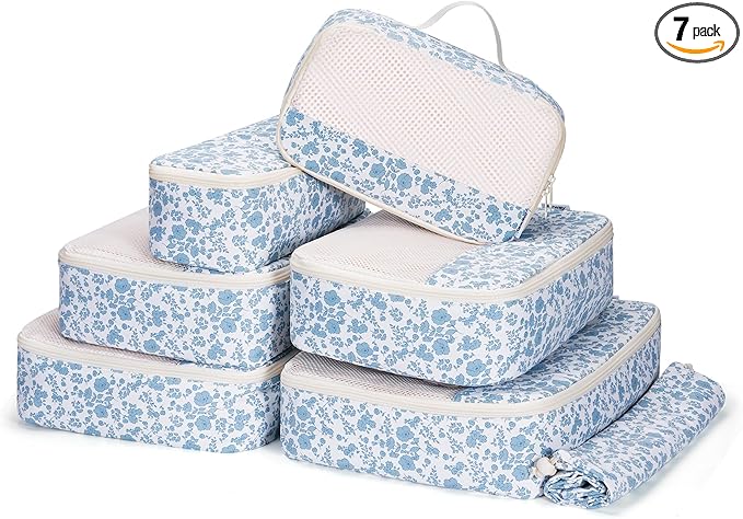 Narwey 7 Set Floral Packing Cubes for Travel Carry on Suitcase Luggage Organizer Bags for Kids Women Men, Durable Packing Organizers Bag, Travel Essentials Accessories (Blue Flower)