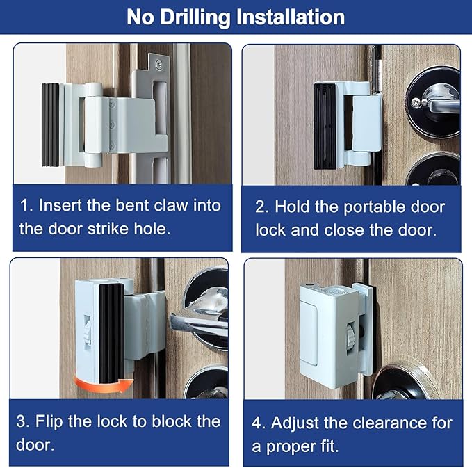 Portable Door Lock for Home/Hotel Security, Apartment Bedroom No Drill Reinforcement Lock, Extra Lock for Travel, Flip Lock (White, 1 Pack)