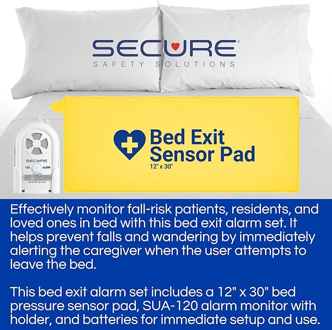 Secure Safety Solutions Bed Alarm for Elderly Adults - 12x30 Sensor Pad, 120db Monitor - Fall Prevention for Dementia Patients, Seniors - Weight Sensing Pad Alerts Caregiver When They Get Up