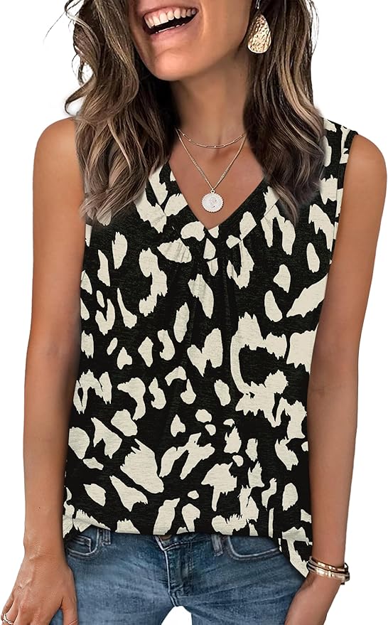 OFEEFAN Tank Top for Women Loose Fit Sleeveless Shirts V Neck Summer Clothes Ruched Women's Tees and Tanks Curved Hem