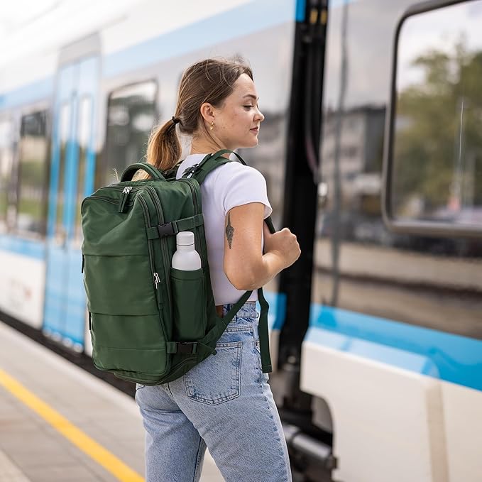 Carrywell (Not Made In China) Travel Backpack Airline Approved, Carry-On Underseat, Holds 15.6 or 16 Inch Laptop, Personal Item Bag with Shoe Compartment For Men Women, Green 30l