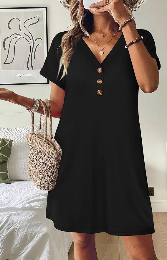 WIHOLL Summer Dresses for Women with Sleeves Midi Dress Button Down Beach Vacation Casual Dresses Fashion Clothing