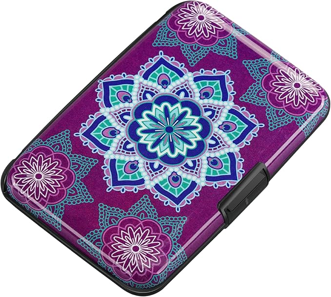 ELFISH Mini RFID Aluminum Wallet Credit Cards Holder Business Card Case Metal ID Case for Men Women (Purple flower)