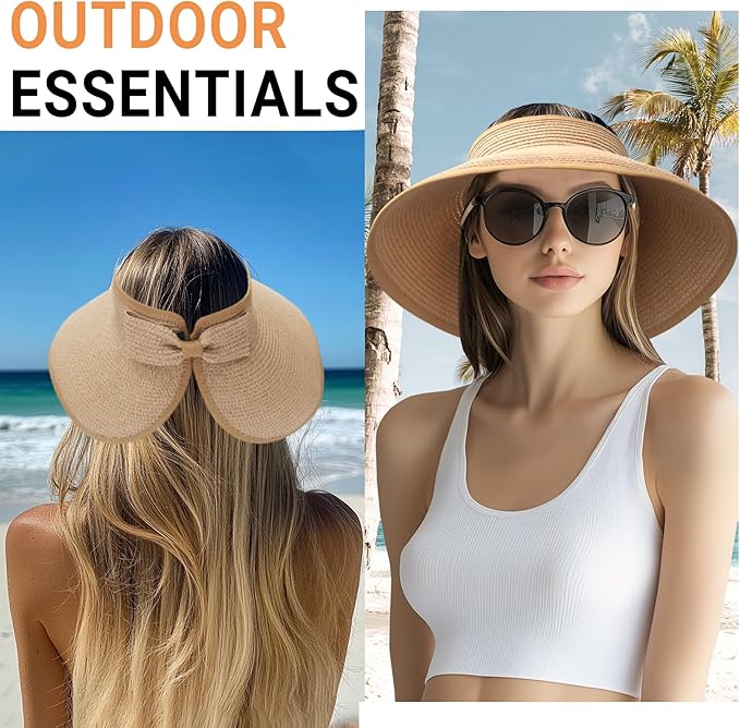 PFFY Sun Visors Hats for Women Wide Brim Straw Visor Packable Foldable Ponytail Travel Beach Hat Vacation Essentials