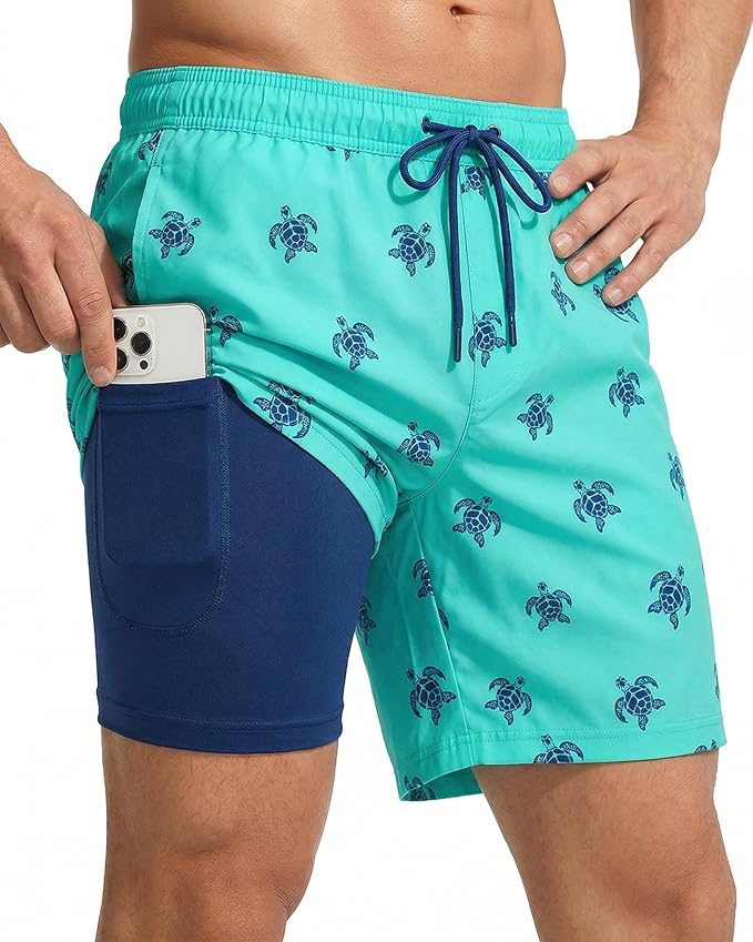 7 Inch Men Swim Trunks with Compression Breathable Liner Quick Dry Zipper Pockets for Pool Board Beach Cruise