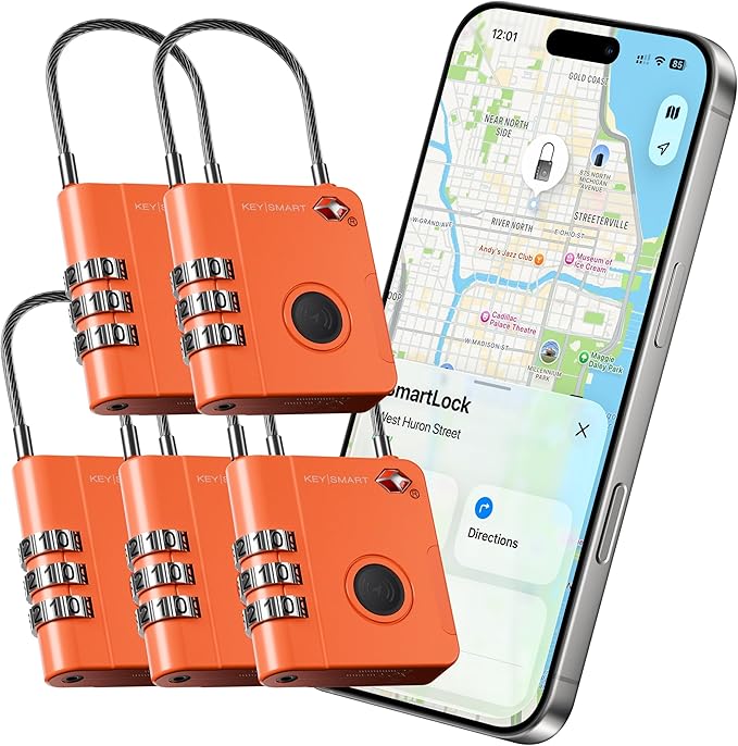 KeySmart SmartLock Tracking Luggage Locks, TSA Locks for Luggage, Combination Lock Compatible with Apple Find My App, Best Travel Essentials, Replaceable Non-Rechargeable Battery (Orange 5 Pack)