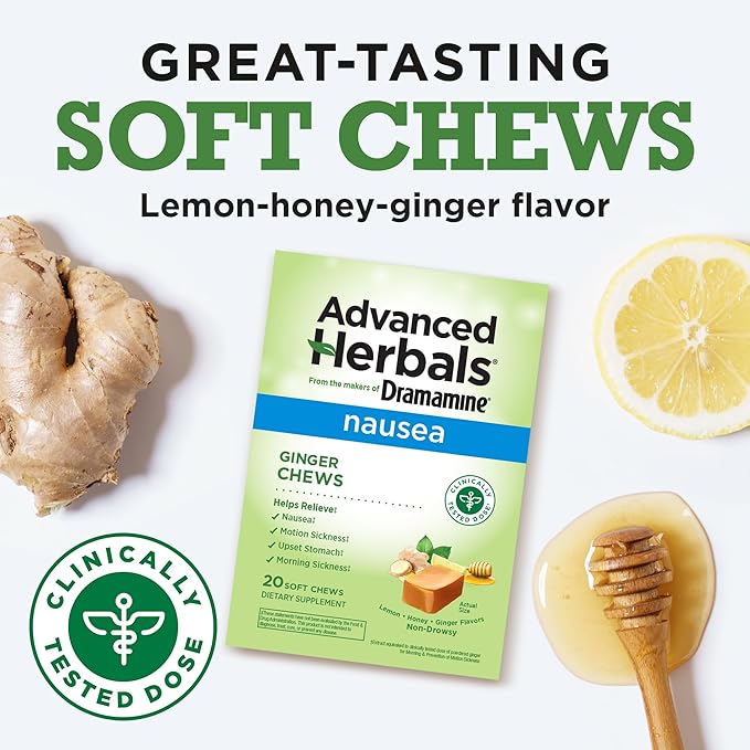 From the Makers of Dramamine, Advanced Herbals Ginger Chews for Nausea Relief, Morning Sickness Relief & Motion Sickness Relief During Travel, Lemon-Honey, 20 Count