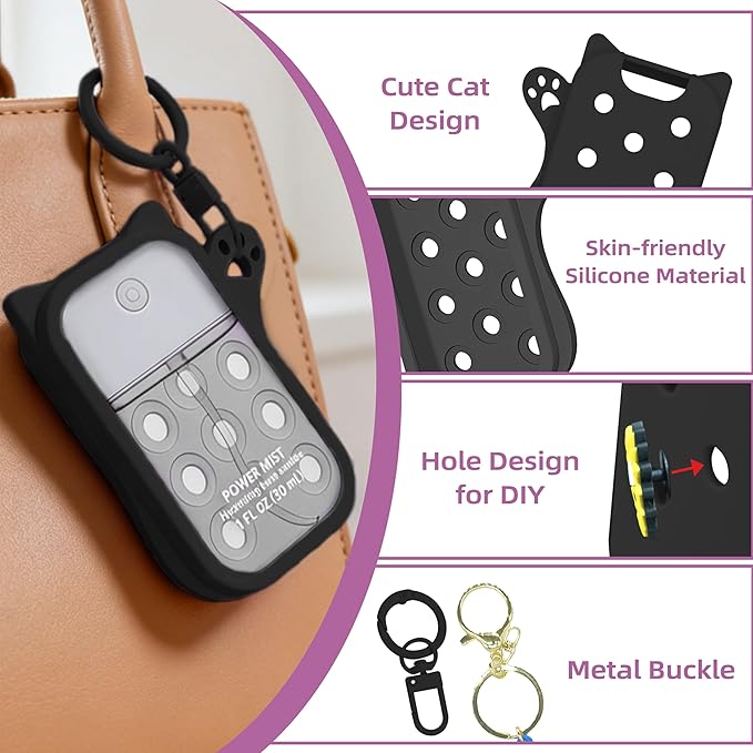 Mlife Hand Sanitizer Spray Case for Touchland Silicone Touchland Case Cat Silicone Case compatible with Touchland Power Mist 1FL OZ/30ML with Keychain &10Pcs Charms(Black)