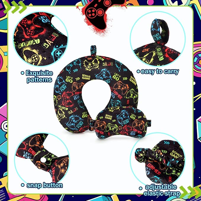 Gilprop 2 Pcs Gaming Travel Pillow with Sleep Eye Mask, U Shaped Memory Foam Headrest & Neck Pillow with Washable Cover, Soft Neck Head Support Travel Accessories for Airplane Car Train Bus Trips