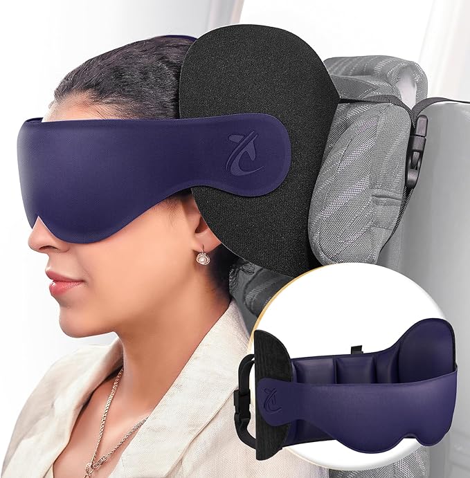 Travel Pillow, Airplane Neck Pillow for Long Flight, Oversized Head Strap with 3D Eye Mask for Sleep, 360°Support Headrest, Stop Bobblehead, Ultimate Travel Essentials for Men Women Purple
