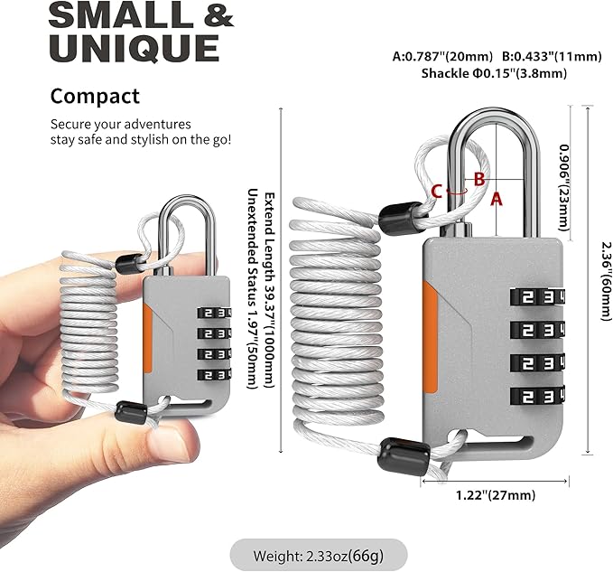4 Digit Combination Padlock with Retractable Cable (36in), Ski Lock, Combo Cable Lock for Snowboard, Travel Luggage, Suitcase, Bike, Gym Locker, Cabinet, Fridge, Refrigerator Door (Gray)