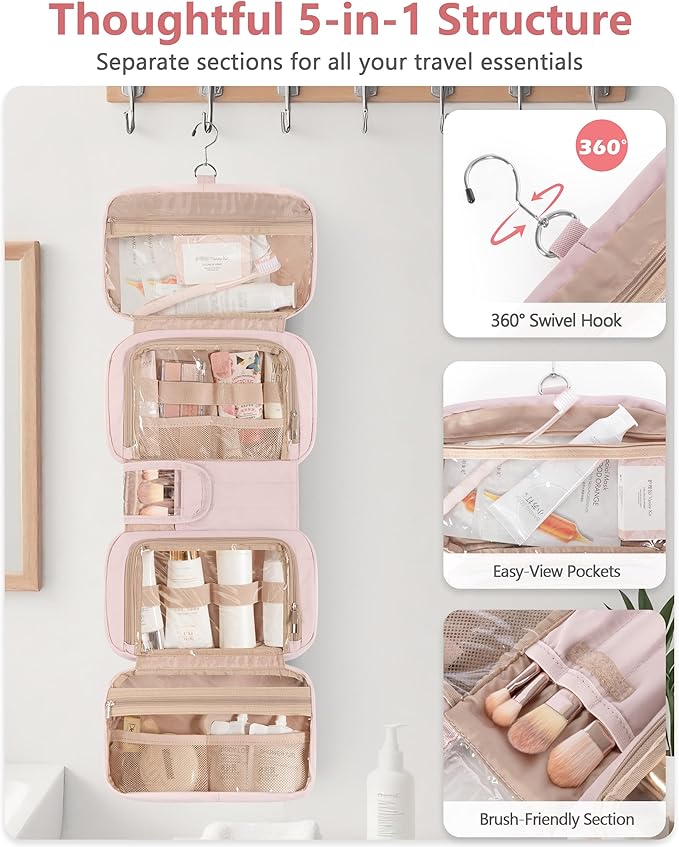 Marscamd Travel Toiletry Bag for Women with Hanging Hook, Puffy Makeup Organizer with Brushes Slots for Bathroom, Shower and Beauty Essentials, Pink