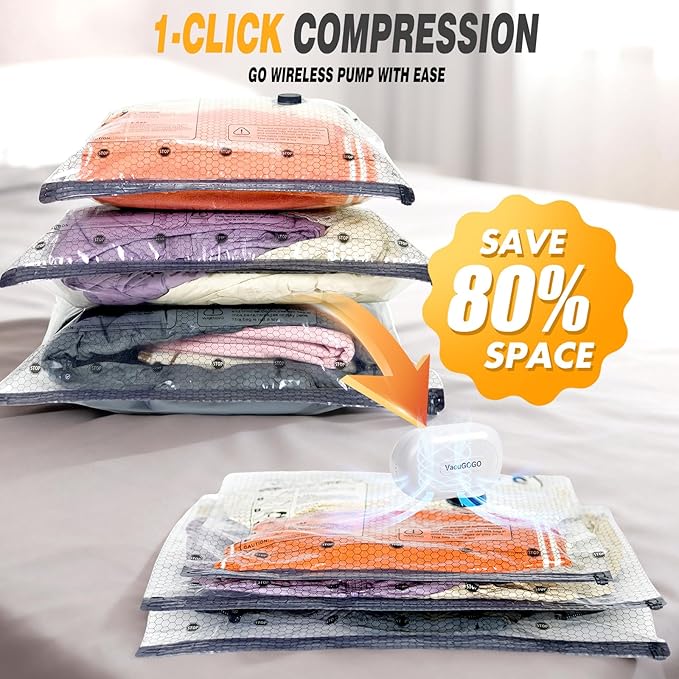 Travel Vacuum Storage Bags with Pump, Carry-on Luggage Compression Bags + Portable Electric Pump, 80% Space Saver for Clothes, Vacuum Seal Bags for Clothing Packing Travel, Pack of 12