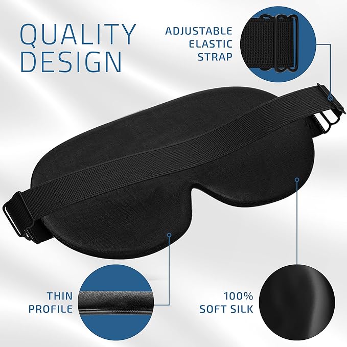 Silk Sleep Eye Mask for Men Women, Comfortable Super Soft Eye Mask with Adjustable Strap, 100% Pure Silk, Blocks Light, Jersey Slumber (Black, 1 Count (Pack of 2))