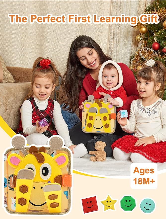 BizyKoady Busy Book for Toddlers 1-3, Montessori Toys for 1 Year Old, Kids Travel Toys, Educational Activity Book, Birthday Gifts for Boys & Girls, Washable Felt Busy Board, Giraffe