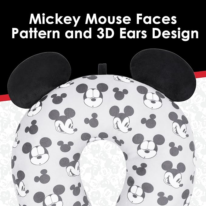FUL Disney Mickey Mouse Travel Neck Pillow for Airplane, Car and Office Comfortable and Breathable, Grey