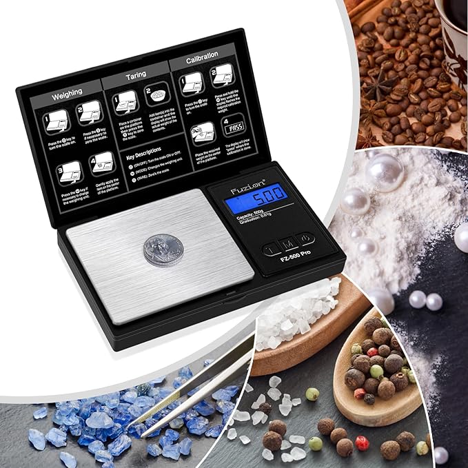 Fuzion Gram Scale, Digital Pocket Scale .01 Gram Accuracy, 500g Mini Jewelry Scale, Small Scale for Food, Herb, Spice, Coin - Weight Gram and Oz - 100g Calibration Weight