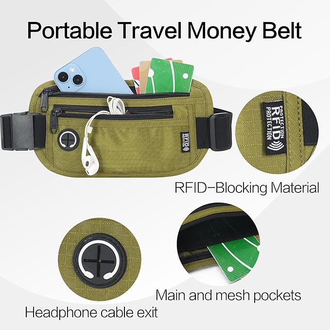 Slim Money Belt for Travel - Anti-Theft Hidden Passport Holder Waist Wallet with Secure Pouch for Cash, Credit Cards & Phone Safe (Small Olive-green)