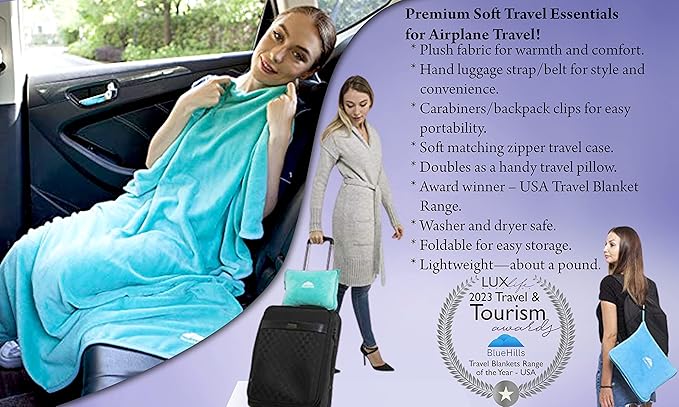 BlueHills Travel Blanket Pillows for Two Airplane Traveling Essentials Flight Throws in Bag case with Backpack Clip Compact Large Plane Accessories – Teal Green and Brown