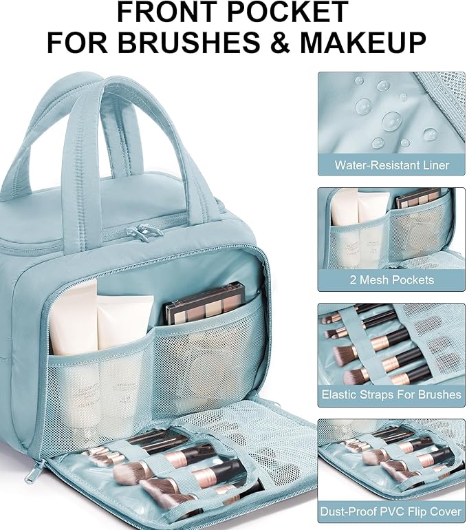 Bagstellar Travel Toiletry Bag for Women, Lightweight Large Quilted Puffy Makeup Bag Wide-open Make up Organizer Cloud Cosmetic Bag w/Handle for Traveling Toiletries Essentials Accessories Light Blue