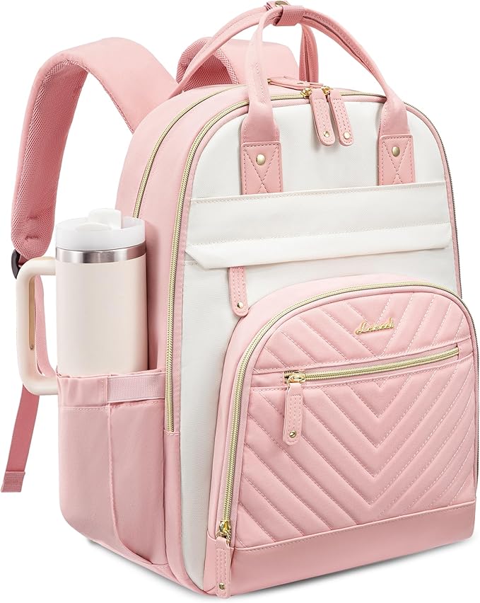 LOVEVOOK Laptop Backpack for Women with Giant Tumbler Holder Pocket,15.6 inch School College Book Bag Nurse Teacher Backpack,Waterproof Work Travel Backpack Purse Laptop Computer Bag, Beige-Pink-Pink