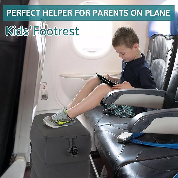 Inflatable Travel Foot Rest Pillow, Adjustable 3 Layers Height Leg Rest Pillow, Kids Airplane Bed, Adults Travel Essentials on Plane, Trains, Cars, Office, Home (Dark Grey, 1 PC)