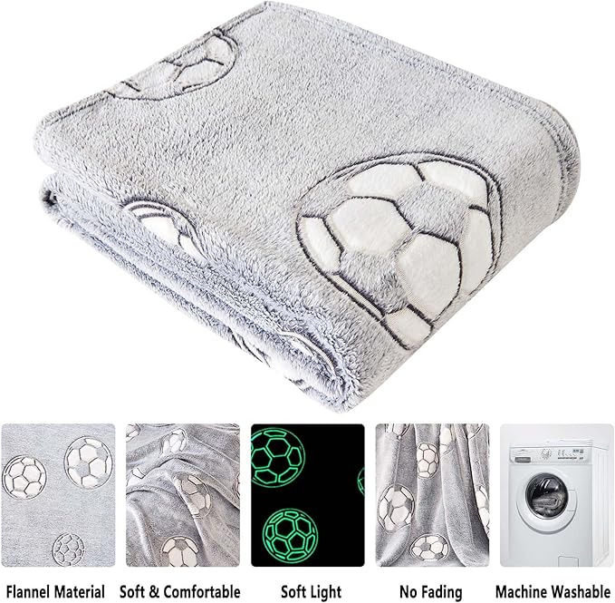 Wajade Soccer Gifts Toys for Boys Girls - Glow in The Dark Soccer Blanket Birthday Christmas Decor for Kids Age 3 4 5 6 7 8 9 10 11 12 Years Old Teens Child Toddler Throw Light Grey 50"x60"
