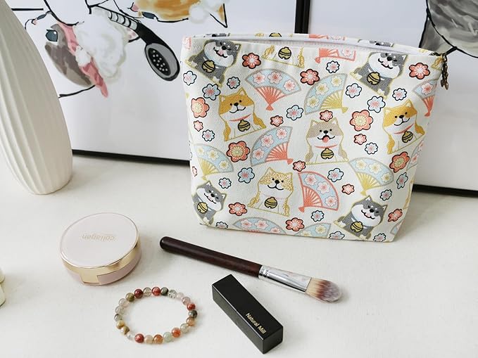 HAPPYHEIDI Canvas Pouch for Travel, Makeup Bag Case, Creamy White Dogs, Cotton, Animal Print, Zipper Closure, 7.1x2.4x7 Inches