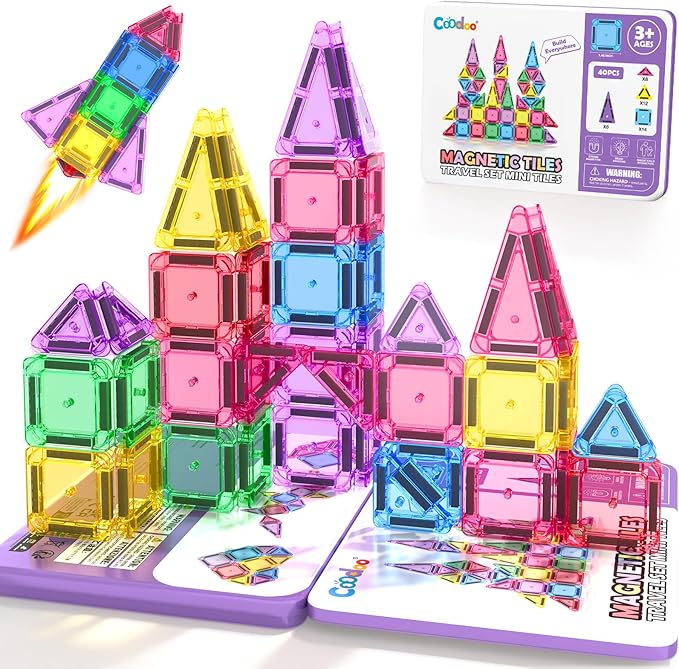 Magnetic Tiles Mini Travel Toys Set for Kids, Magnetic Blocks Building Toy Preschool Classroom Must Haves, Montessori Sensory Outdoor Kids Toys for Toddlers 3+ Year Old Girls Boys Travel Essential