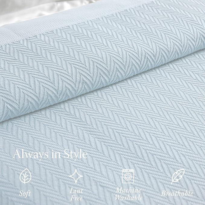 Threadmill Luxury Cotton Blankets for Queen Size Bed | All-Season 100% Cotton Queen Size Blanket | Herringbone Cozy, Soft Breathable Fall Thermal Blanket fits Full Size Bed | Light Blue