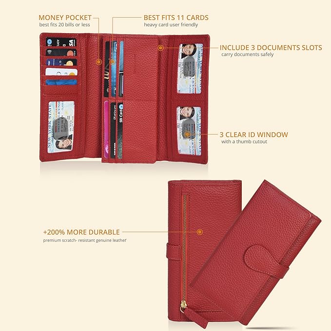 Real Leather Women Wallet Leather with RFID Blocking -Trifold Card Holder Designer Ladies Clutch with ID Window Wallets