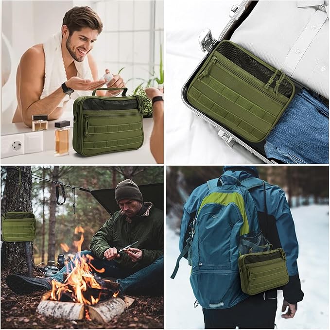 SUNRISING Tactical Toiletry Bag for Men, Hanging Travel Toiletry Organizer Dopp Kit, Shaving Hygiene Toiletries Bag, Men's Toiletry Bag for Short Trips Camping - Green