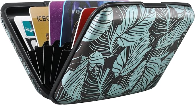 ELFISH Mini RFID Aluminum Wallet Credit Cards Holder Business Card Case Metal ID Case for Men Women(Gray Leaves)