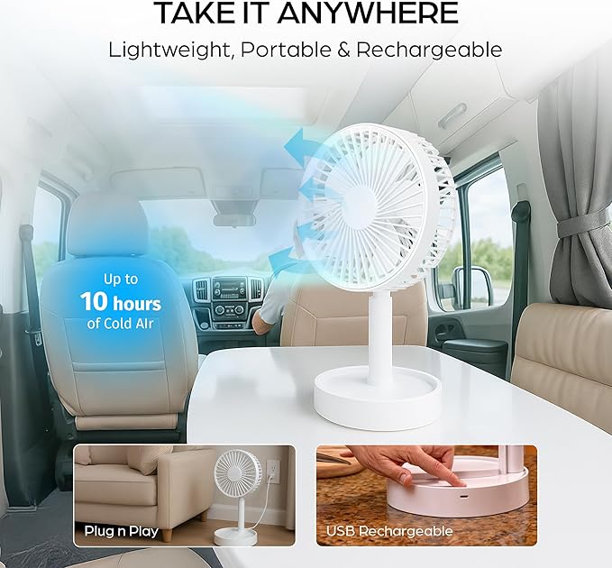 MyFoldaway Portable Fan for Travel, USB Rechargeable Cordless Portable Fans for Desk, Home, Camping, Sleeping, Lightweight Compact & Foldable Travel Fan, Pedestal Extends from 4-40”, Quiet, 3 Speeds