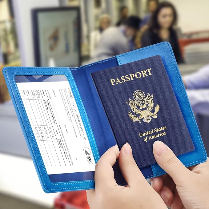 Eoehro Unisex-Adult Passport and Vaccine Card Holder Combo, Sky Blue, Faux Leather, RFID Protected