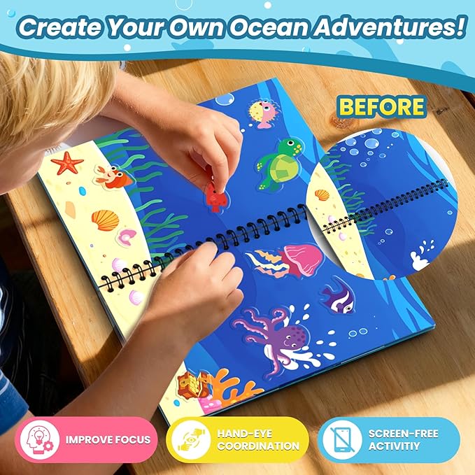 Ocean Reusable Sticker Book for Toddlers, DIY Make-a-face Animals Jelly Fun 3D Stickers, Washable Puffy Stickers for Kids Toys, Airplane Road Trip Travel Activities Essentials for Kids 3 4 5 Years