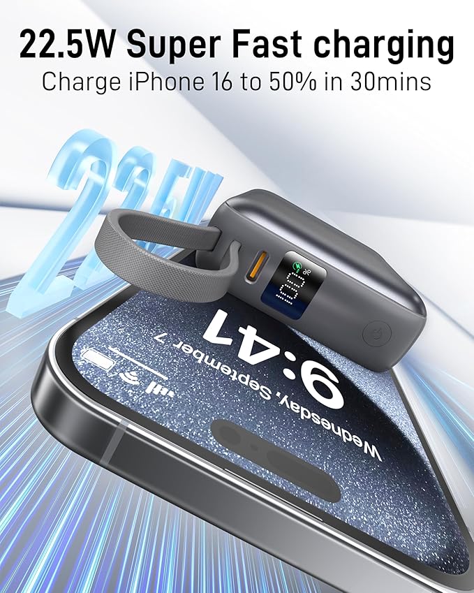 VINKO Small Portable Charger, 22.5W Fast Charging Mini Power Bank 10000mAh with Built-in Cables, Travel Essential USB-C Battery Pack Compatible with iPhone 17/16/15, Samsung S25/24, Android (Gray)