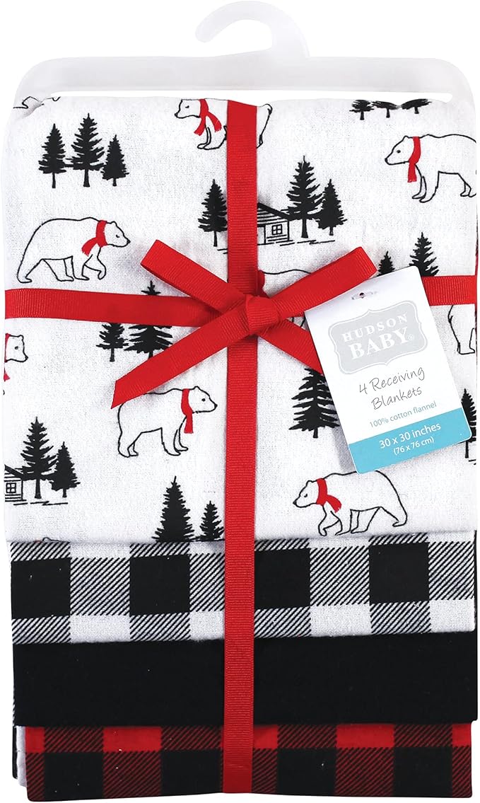 Hudson Baby Unisex Baby Cotton Flannel Receiving Blankets, Buffalo Plaid Bear, One Size