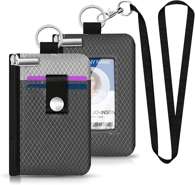 Minimalist RFID Blocking Small Wallet with ID Window,WaterResistant Zip Id Case Wallet with Lanyard Keychain for Cards,Cash,Travel,Women,Men (DardGray/LightGray)