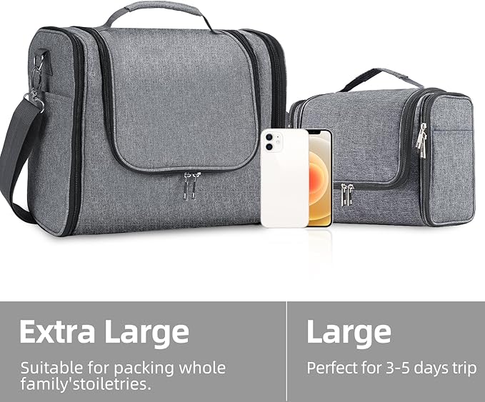 Buruis Extra Large Toiletry Bag for Women and Men, Hanging Travel Bag with Detachable Shoulder Strap for Full-Sized Toiletries, Water-Resistant Dopp Kit for Family Use and Long Trips, Oxford Gray