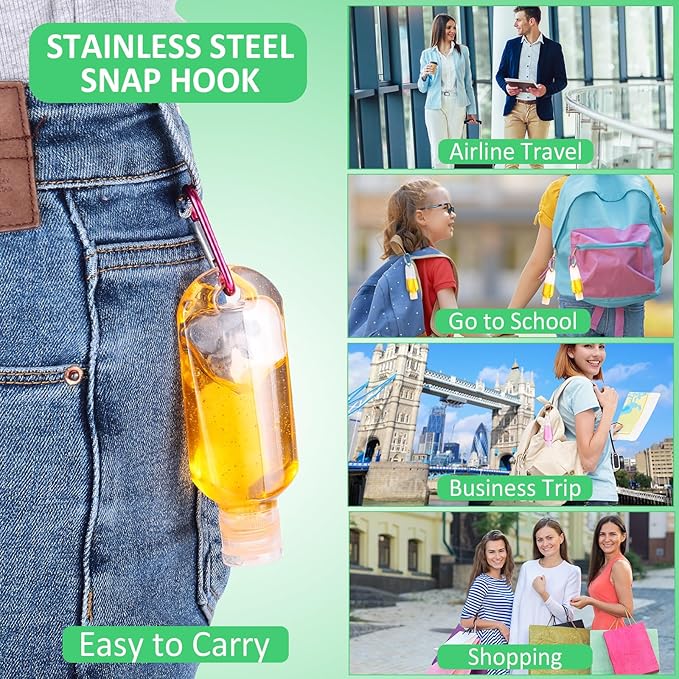 FairySandy 200 Pcs Traveling Bottles with Keychain 2oz Clear Plastic Hand Sanitizer Holder Keychain Empty Refillable Liquid Packing Container Squeeze Plastic Bottle with Lid,Rectangle