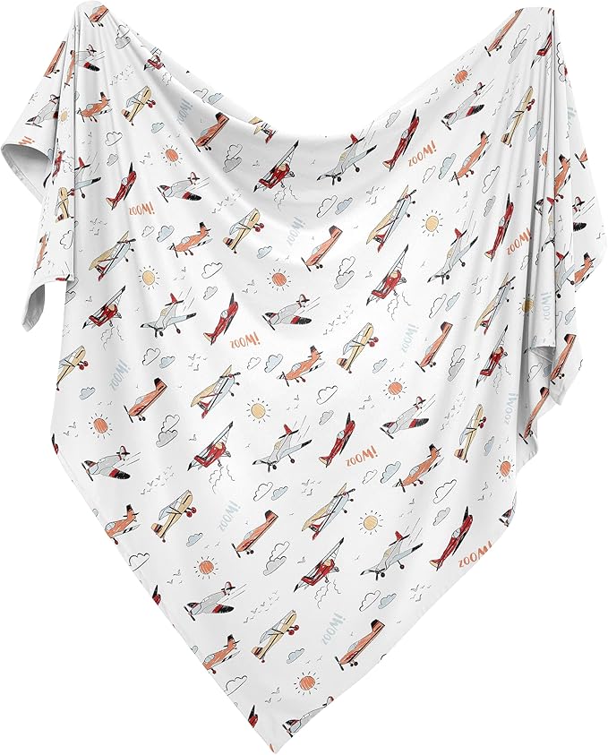 Sweet Jojo Designs Vintage Airplane Boy Baby Swaddle Blanket Infant Newborn Lightweight Jersey Stretchy Receiving Security Stroller Cover Air Plane Transportation Clouds Sun Aviator Red White and Blue