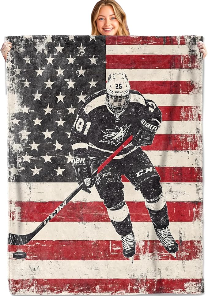 Retro Patriotic Hockey Throw Blanket,50x60in,Soft,Lightweight Flannel,American Flag Vintage Blankets - Gifts for Women Men,Game Day Lovers,for Couch Office Travel,Home Living Room Decor