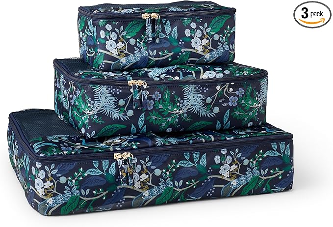 RIFLE PAPER CO. Soft Sided Packing Cubes Set of 3 (Includes 3 Different Sizes and a Laundry Bag, Travel Must Have Accessory, Stylized Pattern), Peacock