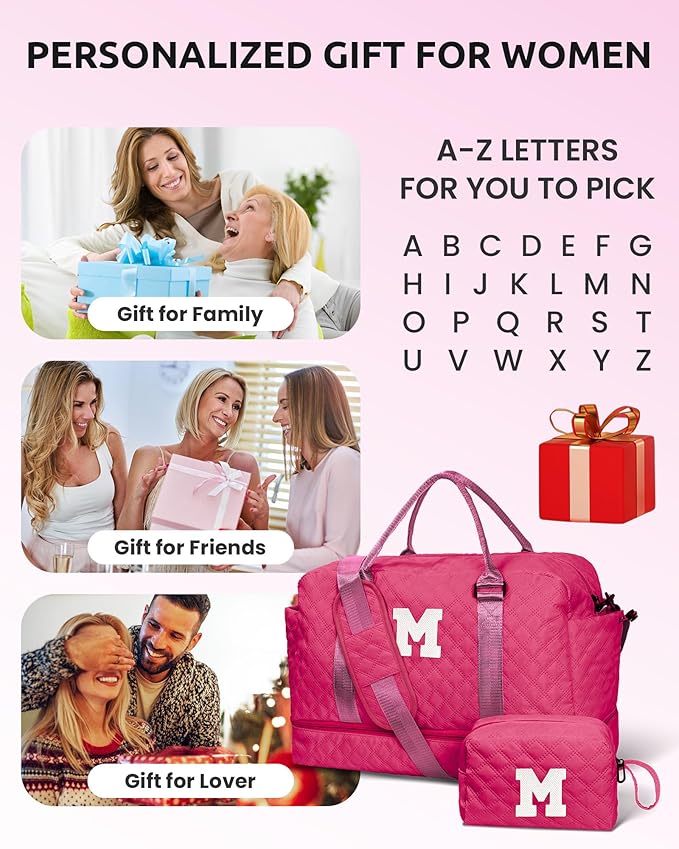 Women Gift, Teen Gifts for Girls-Initial Travel Bag with Shoe Compartment, Personalized Weekender Bag, Monogram Overnight Bag for Women, Letter Travel Bag with Makeup Bag (Letter A)
