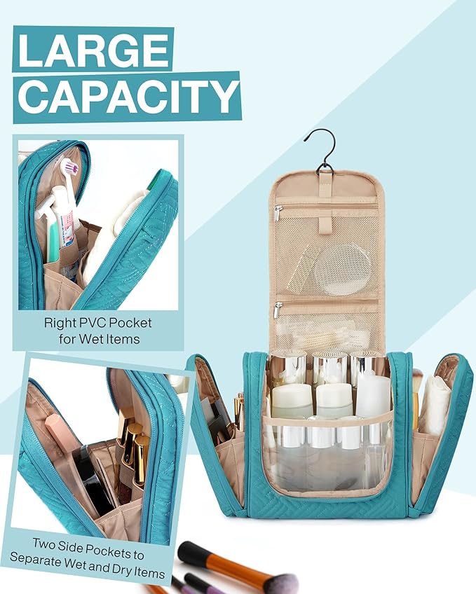 BAGSMART Atlas Travel Toiletry Bag for Women, Hanging Toiletry Bag with Hook, Travel Cosmetic Makeup Bag Travel Organizer for Accessories, Shampoo, Full Sized Container, Toiletries,Blue-Medium
