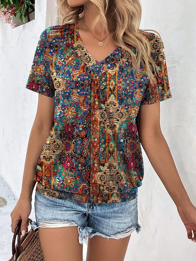 AUTOMET Womens Tops Short Sleeve V Neck T Shirts 2026 Summer Spring Beach Vacation Clothes Casual Loose Ruched Top