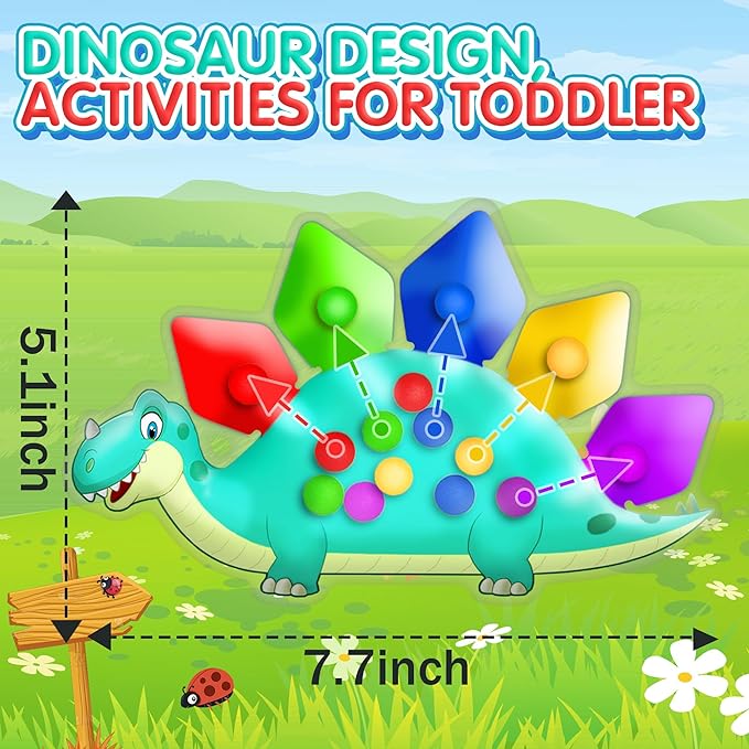 Dinosaur Color Sorting Sensory Toy Travel Toys for Toddler 1-3 Roadtrip Essenstial for Toddlers Boys Gifts Fine Motor Autism Fidget Montessori Preschool Activities for Kid Christmas Stocking Stuffer