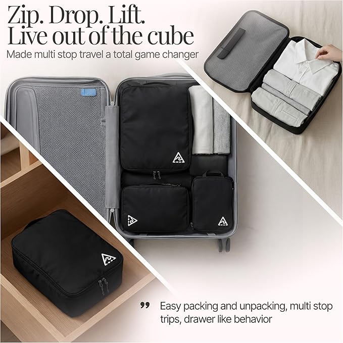 Well Traveled 4 pcs Compression Packing Bags Cubes Set with HybridMax Double-Capacity Design - Packing Cubes for Travel Compression to Maximize Limited Luggage Space, Black